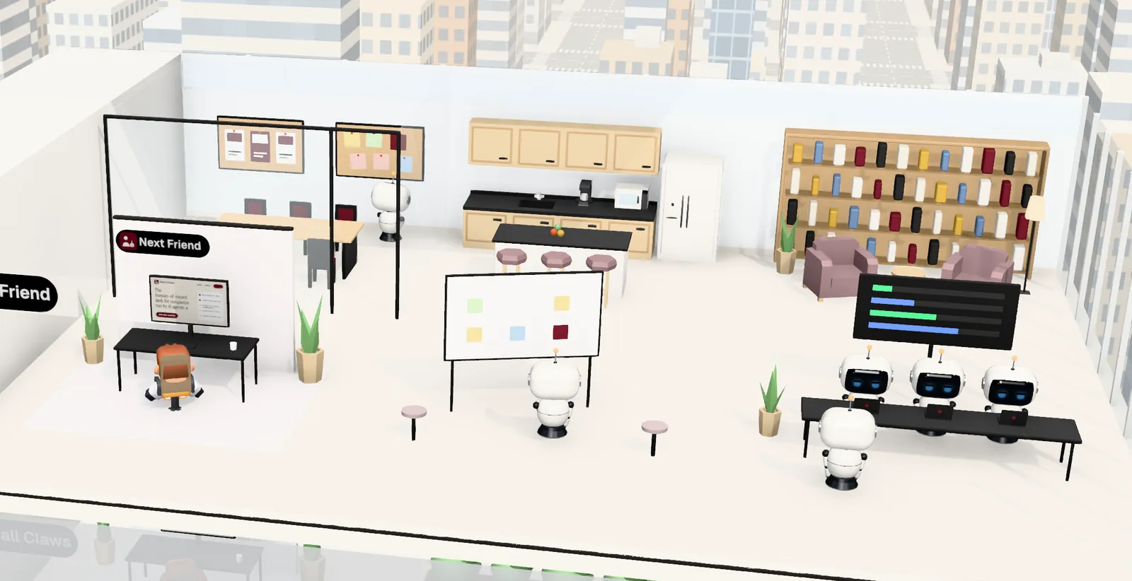 Next Friend’s office on floor 18 of Tower 1: the owner’s desk with the website on screen, the agents’ bench, a meeting room and a library